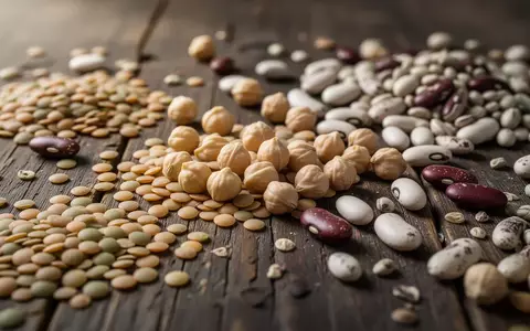 Verschiedene getrocknete Hülsenfrüchte wie Linsen, Kichererbsen und Bohnen auf einem dunklen Holztisch - Foto: über boerse-global.de