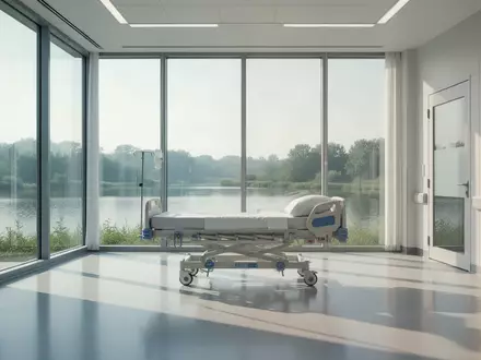 Ein helles, modernes Krankenzimmer mit großen Fenstern und Blick ins Grüne. - Foto: über boerse-global.de