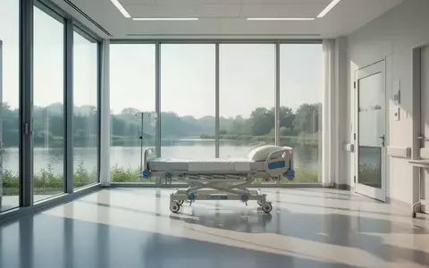 Ein helles, modernes Krankenzimmer mit großen Fenstern und Blick ins Grüne. - Foto: über boerse-global.de