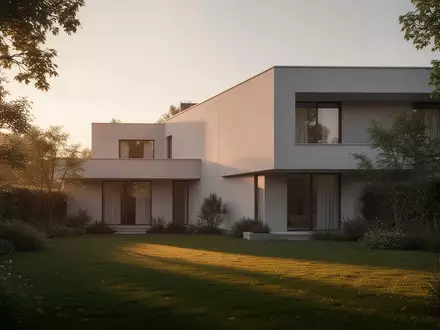 Modernes Wohngebäude in einer ruhigen Gartenanlage bei Sonnenuntergang. - Foto: über boerse-global.de
