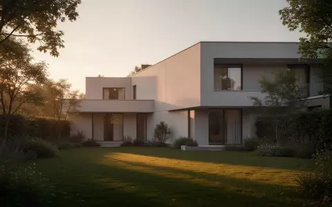 Modernes Wohngebäude in einer ruhigen Gartenanlage bei Sonnenuntergang. - Foto: über boerse-global.de