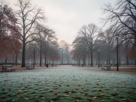 Ein leerer, herbstlicher Stadtpark mit frostigem Rasen und kahlen Bäumen an einem trüben Tag. - Foto: über boerse-global.de