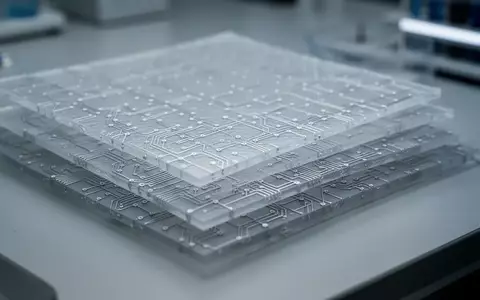 Nahaufnahme von flexiblen, geschichteten Polymerfolien mit feinen, industriellen Leiterbahnstrukturen auf einer Werkbank. - Foto: über boerse-global.de