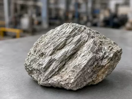 Ein rohes Lithium-Erzstück auf einem industriellen Labortisch in einer Bergbauanlage. - Foto: über boerse-global.de