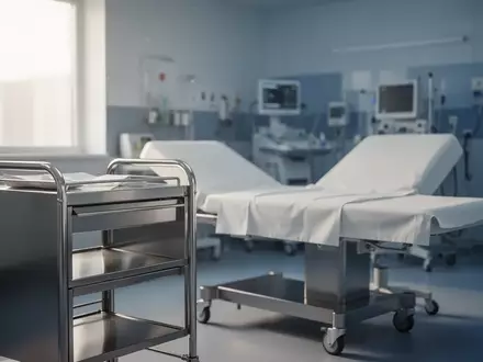 Ein steriler Untersuchungsraum in einem modernen Krankenhaus mit einem leeren Krankenbett und einem medizinischen Wagen. - Foto: über boerse-global.de