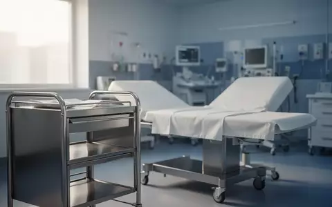 Ein steriler Untersuchungsraum in einem modernen Krankenhaus mit einem leeren Krankenbett und einem medizinischen Wagen. - Foto: über boerse-global.de