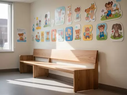 Ein heller, moderner Wartebereich in einer Kinderarztpraxis mit hölzernen Möbeln und bunten Wandelementen. - Foto: über boerse-global.de