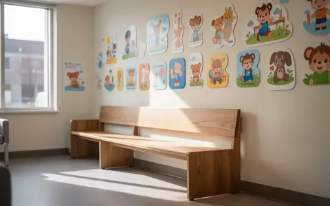 Ein heller, moderner Wartebereich in einer Kinderarztpraxis mit hölzernen Möbeln und bunten Wandelementen. - Foto: über boerse-global.de