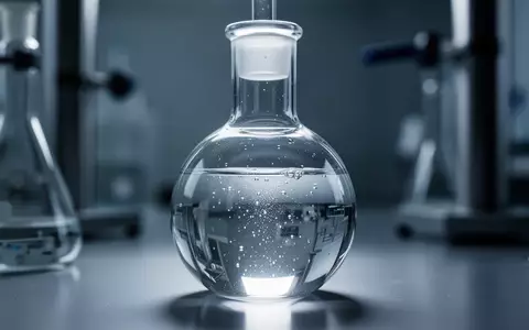 Laborausstattung mit einer gläsernen Laborflasche, die eine klare Flüssigkeit enthält, in einer sterilen Umgebung. - Foto: über boerse-global.de