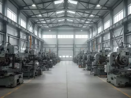 Eine weitläufige, moderne Industriehalle mit schweren Maschinen und stählerner Architektur bei natürlichem Lichteinfall. - Foto: über boerse-global.de