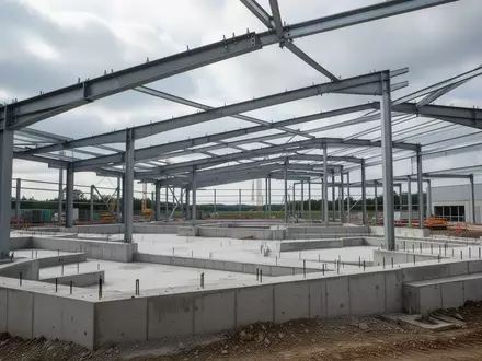 Eine leere Baustelle mit Stahlträgern und Betonfundamenten unter einem bewölkten Himmel. - Foto: über boerse-global.de
