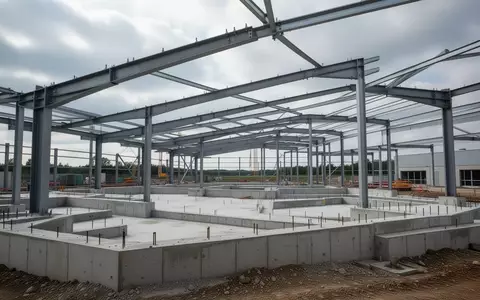 Eine leere Baustelle mit Stahlträgern und Betonfundamenten unter einem bewölkten Himmel. - Foto: über boerse-global.de