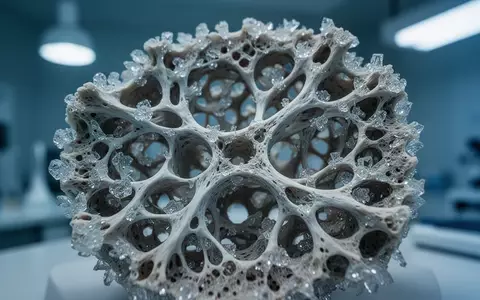 Nahaufnahme einer porösen Knochenstruktur unter kühlem, medizinischem Licht zur Veranschaulichung osteologischer Forschung. - Foto: über boerse-global.de