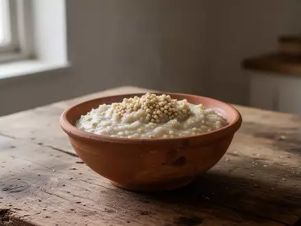 Eine Schale mit traditionellem Hirsebrei auf einem Holztisch in einer hellen KĂĽche. - Foto: ĂĽber boerse-global.de