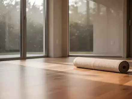 Ein minimalistischer, lichtdurchfluteter Übungsraum mit Holzboden und einer zusammengerollten Yogamatte in einer Ecke. - Foto: über boerse-global.de