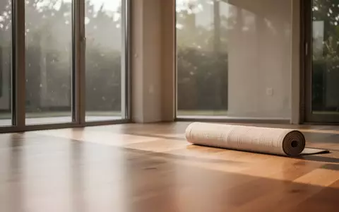 Ein minimalistischer, lichtdurchfluteter Übungsraum mit Holzboden und einer zusammengerollten Yogamatte in einer Ecke. - Foto: über boerse-global.de