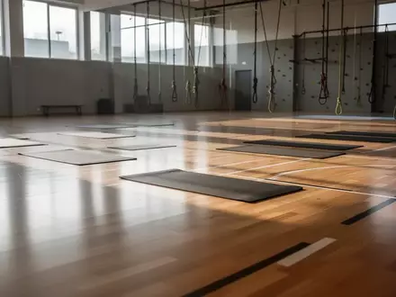 Eine leere, helle Sporthalle mit aufgereihten Sportmatten und Kletterseilen im Hintergrund. - Foto: über boerse-global.de