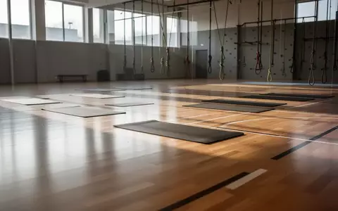 Eine leere, helle Sporthalle mit aufgereihten Sportmatten und Kletterseilen im Hintergrund. - Foto: über boerse-global.de