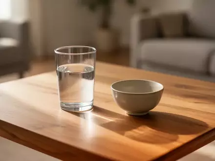 Ein minimalistischer Holztisch mit einem Glas Wasser in einem hellen, ruhigen Raum, der ein Gefühl von Gesundheit vermittelt. - Foto: über boerse-global.de