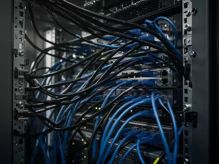 Nahaufnahme von komplex verkabelten Server-Racks in einem Rechenzentrum mit Fokus auf die Struktur der Kabel. - Foto: über boerse-global.de
