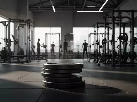 Ein minimalistisch gestalteter Fitnessraum mit Hantelscheiben auf einem Gummiboden und schwerem Kraftsport-Equipment im Hintergrund. - Foto: über boerse-global.de