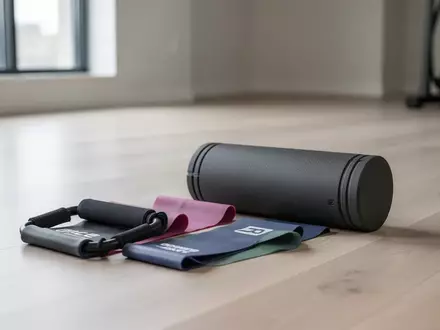 Fitness-Widerstandsbänder und eine Schaumstoffrolle auf einem hellen Holzboden in einem minimalistischen Trainingsraum. - Foto: über boerse-global.de