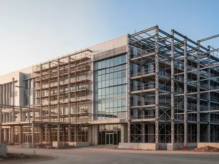 Baustelle eines modernen Klinikneubaus mit Baugerüsten vor einem klaren Himmel. - Foto: über boerse-global.de