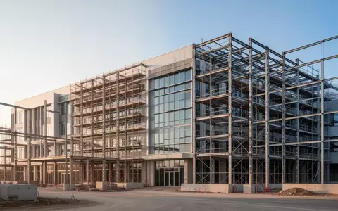 Baustelle eines modernen Klinikneubaus mit Baugerüsten vor einem klaren Himmel. - Foto: über boerse-global.de
