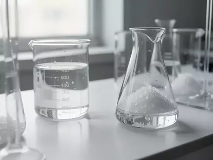 Laborumgebung mit Glasgefäßen, klaren Flüssigkeiten und kristallinen Substanzen auf einem weißen Labortisch. - Foto: über boerse-global.de