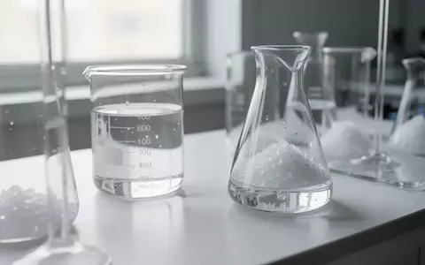 Laborumgebung mit Glasgefäßen, klaren Flüssigkeiten und kristallinen Substanzen auf einem weißen Labortisch. - Foto: über boerse-global.de