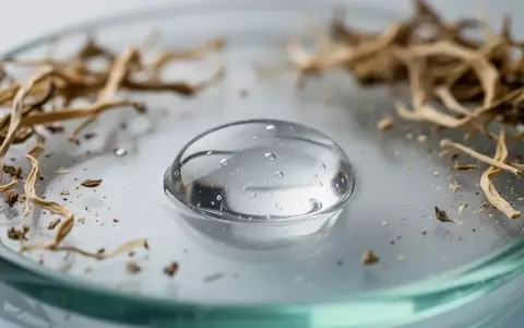 Ein hochauflösendes Makrofoto eines klaren Hydrogel-Tropfens auf einer Glasoberfläche, umgeben von feinen pflanzlichen Bestandteilen. - Foto: über boerse-global.de