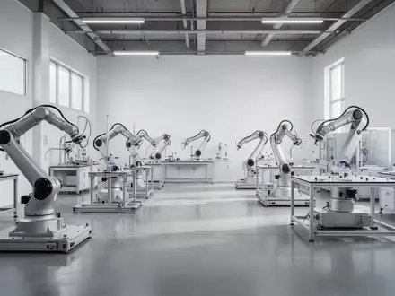 Ein minimalistisches, helles Industrielabor mit leeren Roboter-Teststationen und klaren Arbeitsbereichen. - Foto: über boerse-global.de