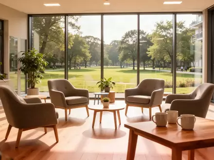 Ein heller Gemeinschaftsraum mit Sitzgelegenheiten und einem Tisch mit Kaffeetassen vor einem grünen Parkblick. - Foto: über boerse-global.de