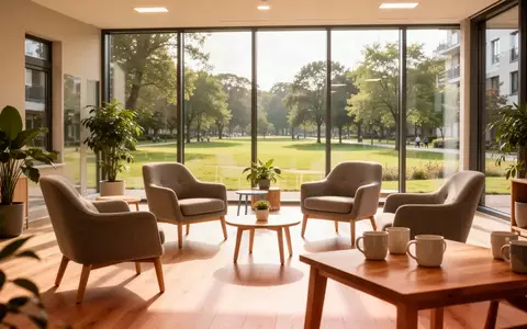 Ein heller Gemeinschaftsraum mit Sitzgelegenheiten und einem Tisch mit Kaffeetassen vor einem grünen Parkblick. - Foto: über boerse-global.de