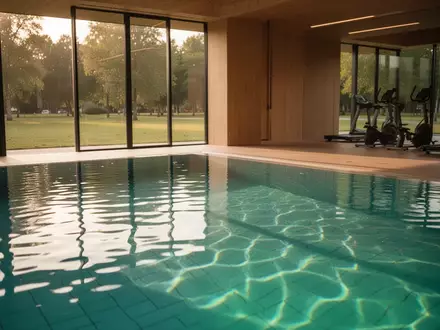 Ein ruhiges, türkisblaues Schwimmbecken mit sanften Wellen im Sonnenlicht neben einem modernen, hellen Fitnessraum. - Foto: über boerse-global.de