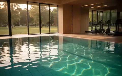 Ein ruhiges, türkisblaues Schwimmbecken mit sanften Wellen im Sonnenlicht neben einem modernen, hellen Fitnessraum. - Foto: über boerse-global.de