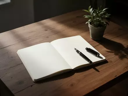 Ein minimalistischer, ruhiger Raum mit einem Holztisch, einem offenen Notizbuch und einer Pflanze bei natürlichem Lichteinfall. - Foto: über boerse-global.de