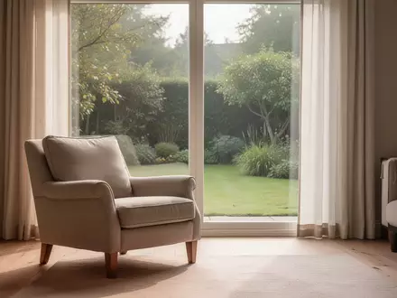 Ein heller, freundlicher Wohnraum mit einem Sessel vor einem Fenster mit Blick in einen Garten als Symbol für häusliche Pflege. - Foto: über boerse-global.de