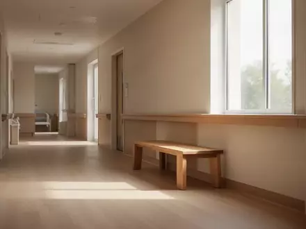 Ein ruhiger Flur in einer modernen Pflegeeinrichtung mit hellem Holzboden und einer Sitzbank vor einer neutralen Wand. - Foto: über boerse-global.de