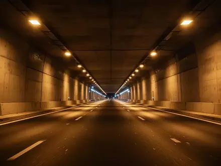 Ein langer, beleuchteter Straßentunnel mit glattem Asphalt und einer Reihe von Deckenleuchten. - Foto: über boerse-global.de