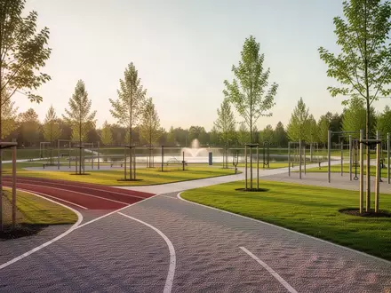 Ein neugestalteter öffentlicher Park mit einer Laufbahn, Fitnessgeräten und neu gepflanzten Bäumen bei Sonnenuntergang. - Foto: über boerse-global.de