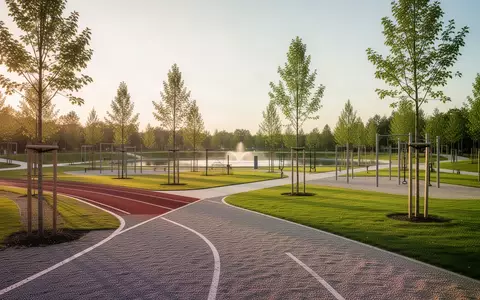 Ein neugestalteter öffentlicher Park mit einer Laufbahn, Fitnessgeräten und neu gepflanzten Bäumen bei Sonnenuntergang. - Foto: über boerse-global.de