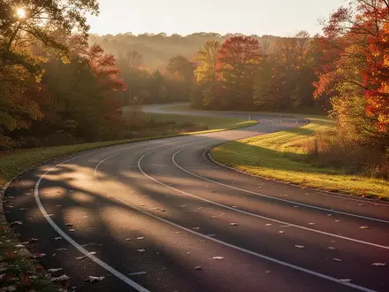 Eine leere, geschwungene Laufstrecke in einer herbstlichen Landschaft im goldenen Licht. - Foto: über boerse-global.de