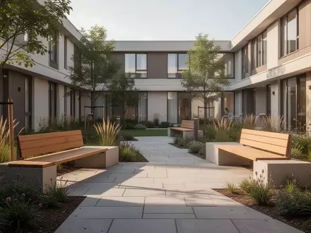 Ein sonnendurchfluteter Innenhof einer modernen Wohnanlage mit Sitzgelegenheiten und Pflanzen. - Foto: über boerse-global.de