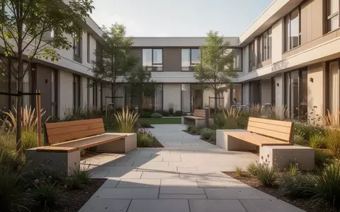 Ein sonnendurchfluteter Innenhof einer modernen Wohnanlage mit Sitzgelegenheiten und Pflanzen. - Foto: über boerse-global.de