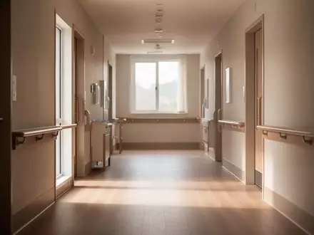 Ein ruhiger, sonnendurchfluteter Flur in einer modernen Pflegeeinrichtung mit Holzboden und neutralen Wänden. - Foto: über boerse-global.de