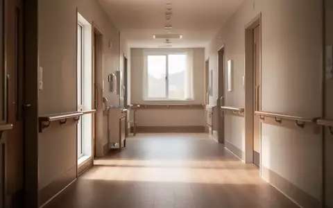 Ein ruhiger, sonnendurchfluteter Flur in einer modernen Pflegeeinrichtung mit Holzboden und neutralen Wänden. - Foto: über boerse-global.de