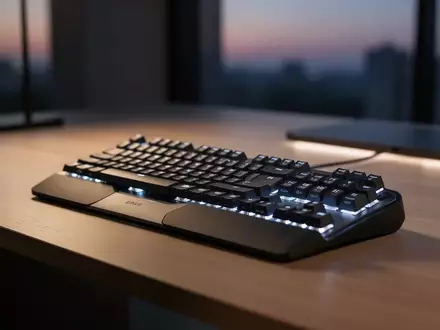 Ein moderner, minimalistischer Arbeitsplatz mit einer hochwertigen mechanischen Tastatur auf einem Holztisch bei Dämmerlicht. - Foto: über boerse-global.de