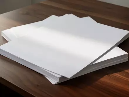 Ein sauberer, minimalistischer Arbeitsplatz mit einem Stapel leerer A4-Papiere auf einem dunklen Holztisch bei natürlichem Licht. - Foto: über boerse-global.de