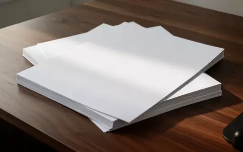 Ein sauberer, minimalistischer Arbeitsplatz mit einem Stapel leerer A4-Papiere auf einem dunklen Holztisch bei natürlichem Licht. - Foto: über boerse-global.de